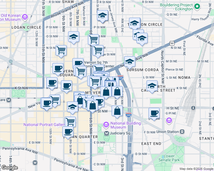 map of restaurants, bars, coffee shops, grocery stores, and more near 443 K Street Northwest in Washington