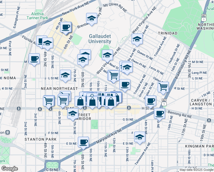 map of restaurants, bars, coffee shops, grocery stores, and more near 1100 K Street Northeast in Washington