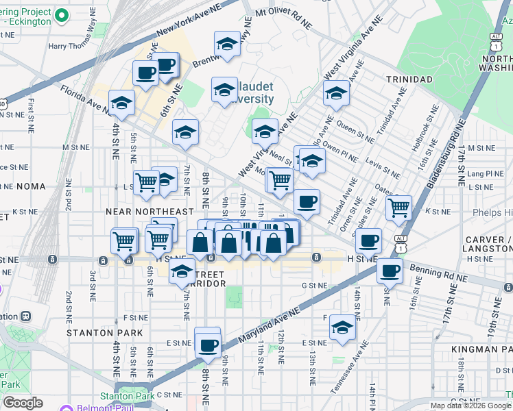 map of restaurants, bars, coffee shops, grocery stores, and more near 101 Independence Avenue Southeast in Washington