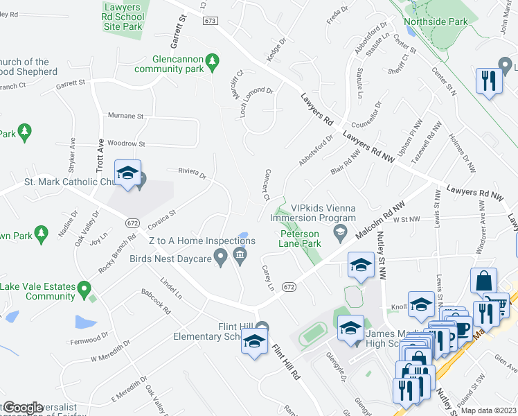 map of restaurants, bars, coffee shops, grocery stores, and more near 9706 Rhapsody Drive in Vienna