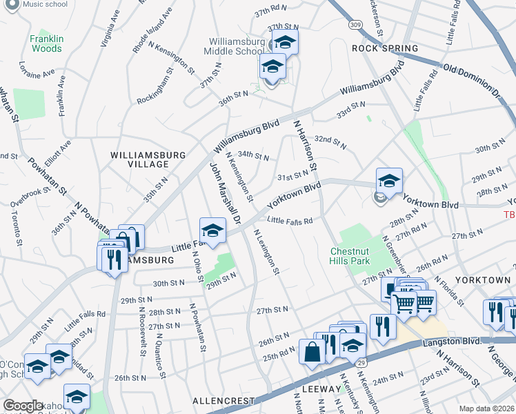 map of restaurants, bars, coffee shops, grocery stores, and more near 3107 North Kensington Street in Arlington