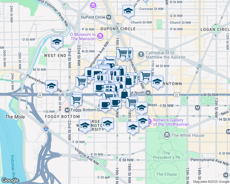 map of restaurants, bars, coffee shops, grocery stores, and more near 1909 K Street Northwest in Washington