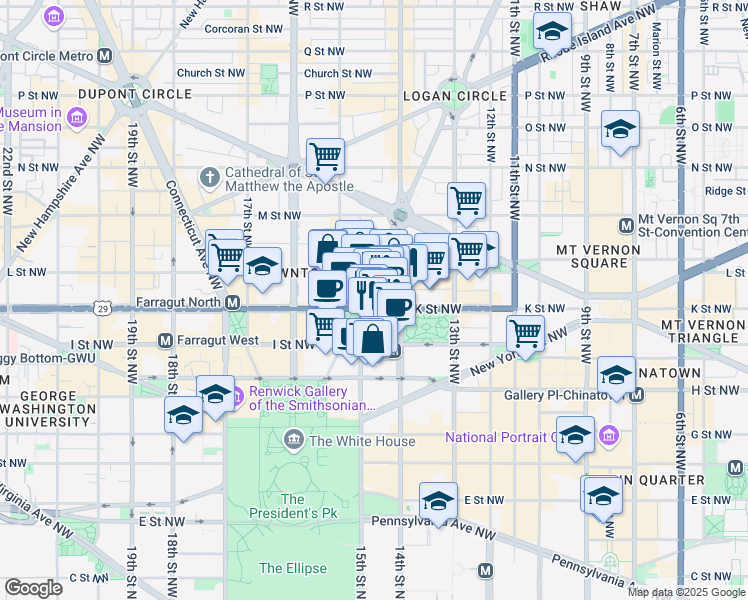 map of restaurants, bars, coffee shops, grocery stores, and more near 1425 K Street Northwest in Washington