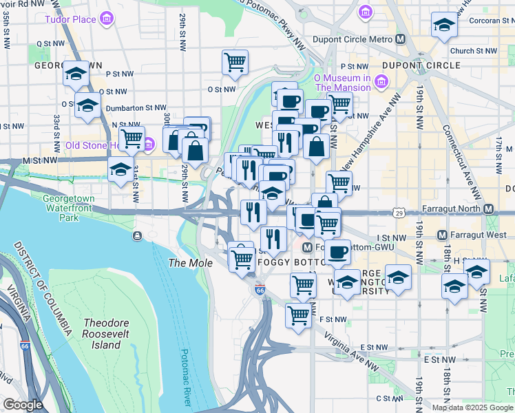 map of restaurants, bars, coffee shops, grocery stores, and more near 2501 K Street Northwest in Washington