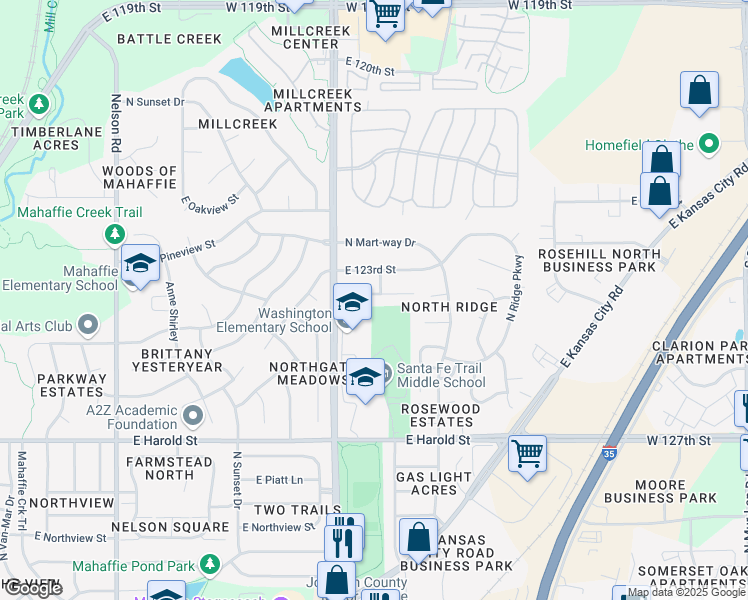 map of restaurants, bars, coffee shops, grocery stores, and more near 1307 East 123rd Terrace in Olathe