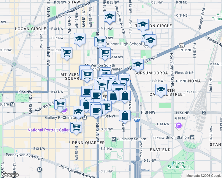 map of restaurants, bars, coffee shops, grocery stores, and more near 445 K Street Northwest in Washington