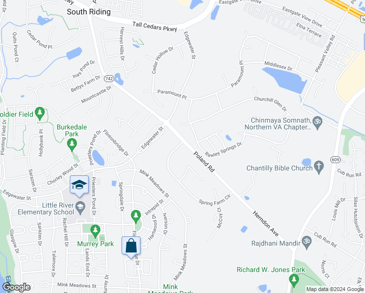 map of restaurants, bars, coffee shops, grocery stores, and more near 25804 Spring Farm Circle in Chantilly