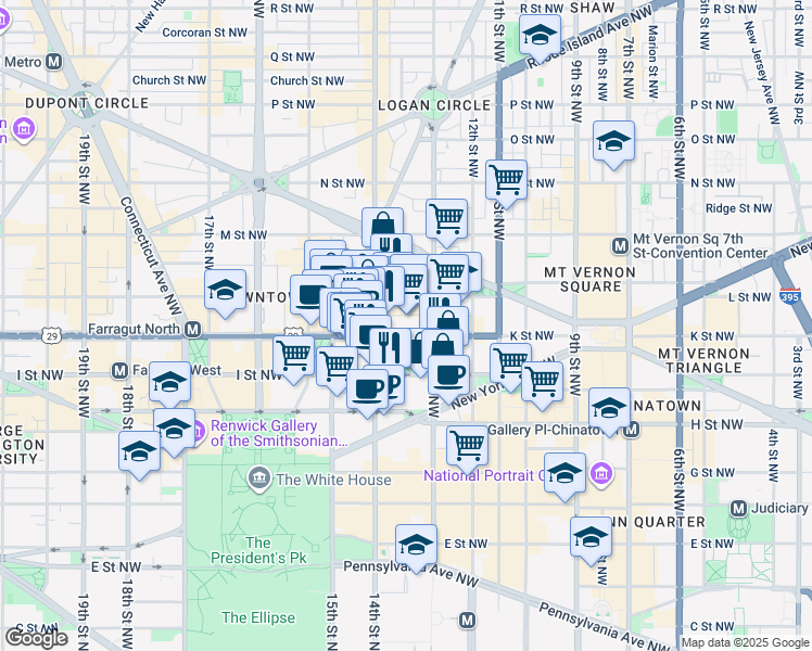 map of restaurants, bars, coffee shops, grocery stores, and more near 1301 K Street Northwest in Washington