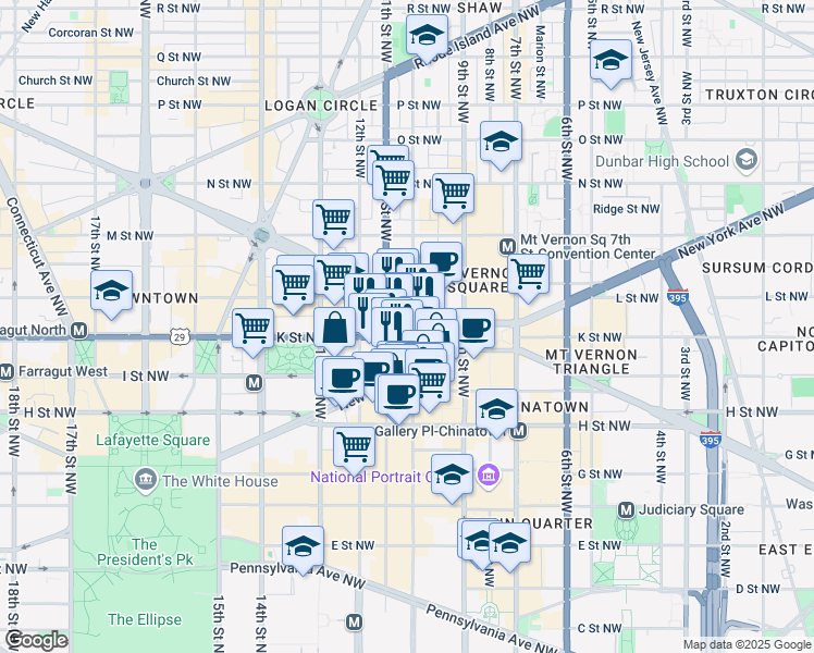 map of restaurants, bars, coffee shops, grocery stores, and more near 1010 10th Street Northwest in Washington