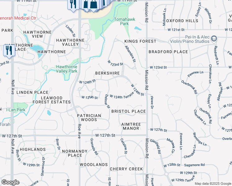 map of restaurants, bars, coffee shops, grocery stores, and more near 4248 West 124th Terrace in Leawood