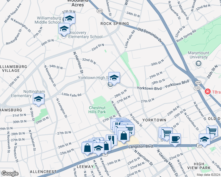 map of restaurants, bars, coffee shops, grocery stores, and more near 5200 Yorktown Boulevard in Arlington