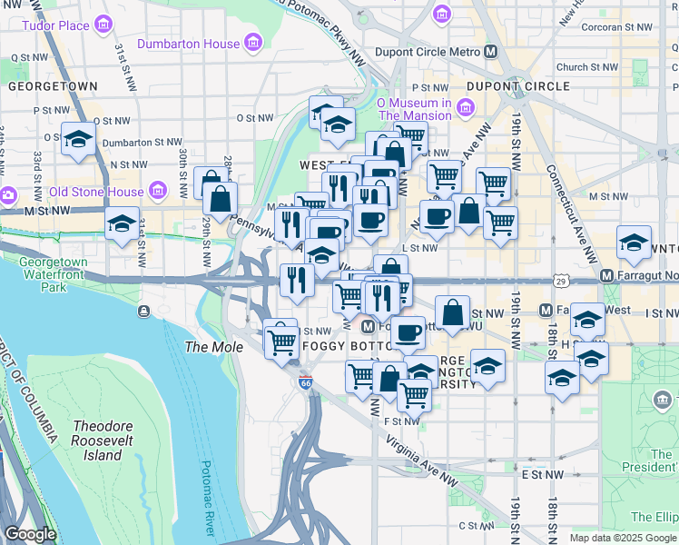 map of restaurants, bars, coffee shops, grocery stores, and more near 2400 Pennsylvania Avenue Northwest in Washington