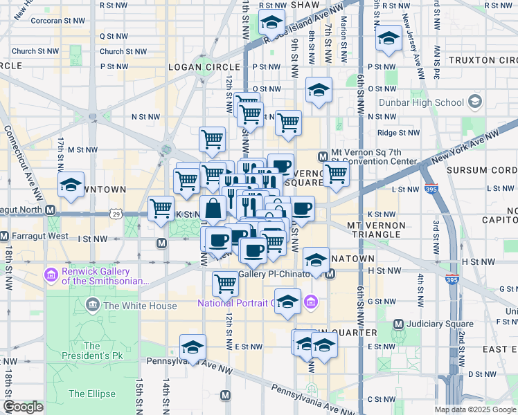 map of restaurants, bars, coffee shops, grocery stores, and more near 1010 10th Street Northwest in Washington