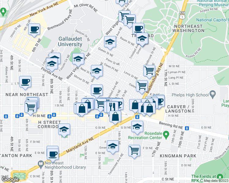 map of restaurants, bars, coffee shops, grocery stores, and more near 1219 Trinidad Avenue Northeast in Washington