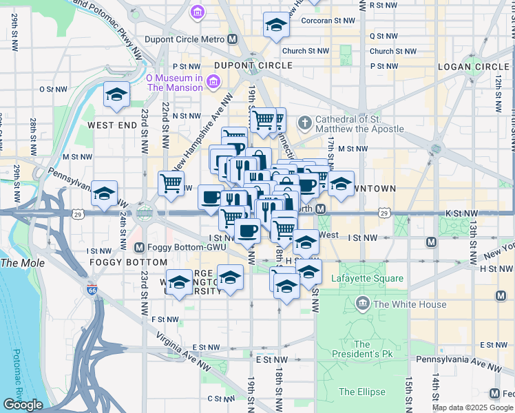 map of restaurants, bars, coffee shops, grocery stores, and more near 1875 K Street Northwest in Washington