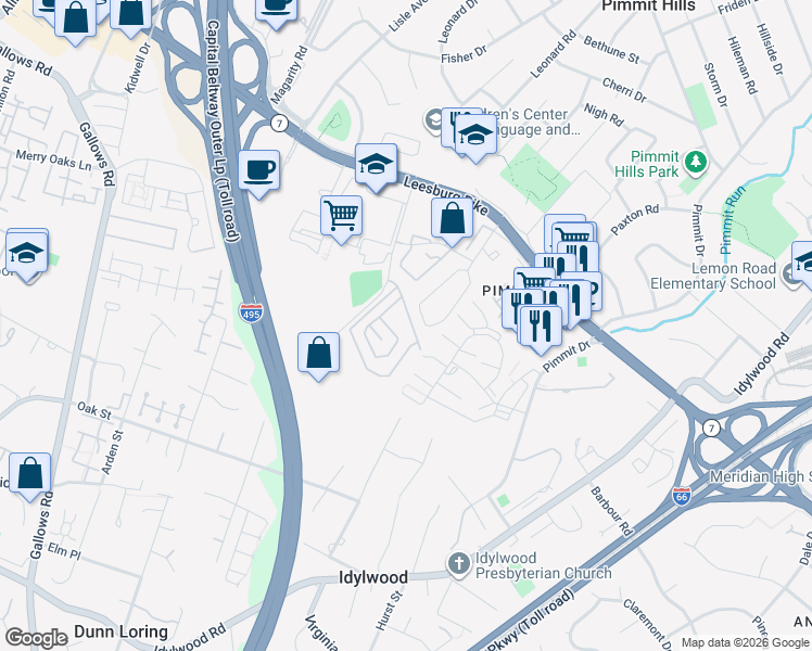 map of restaurants, bars, coffee shops, grocery stores, and more near 2250 Mohegan Drive in Falls Church