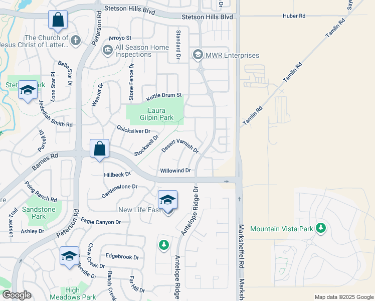 map of restaurants, bars, coffee shops, grocery stores, and more near 4875 Feathers Way in Colorado Springs