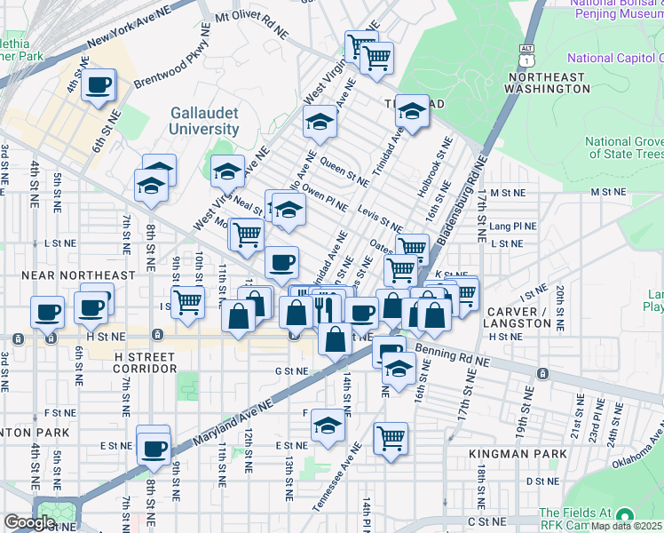map of restaurants, bars, coffee shops, grocery stores, and more near 1219 Trinidad Avenue Northeast in Washington
