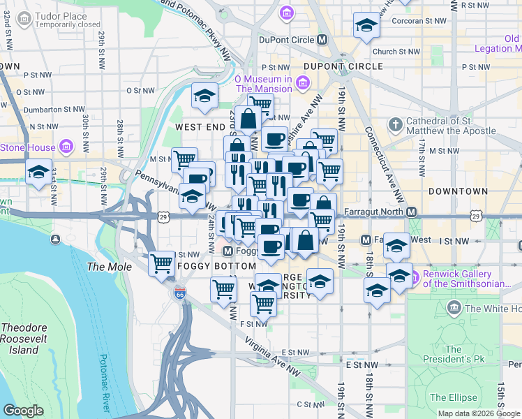 map of restaurants, bars, coffee shops, grocery stores, and more near 2175 K Street Northwest in Washington