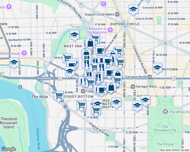 map of restaurants, bars, coffee shops, grocery stores, and more near 2175 K Street Northwest in Washington