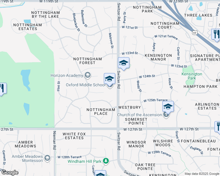 map of restaurants, bars, coffee shops, grocery stores, and more near 12500 Switzer Road in Overland Park