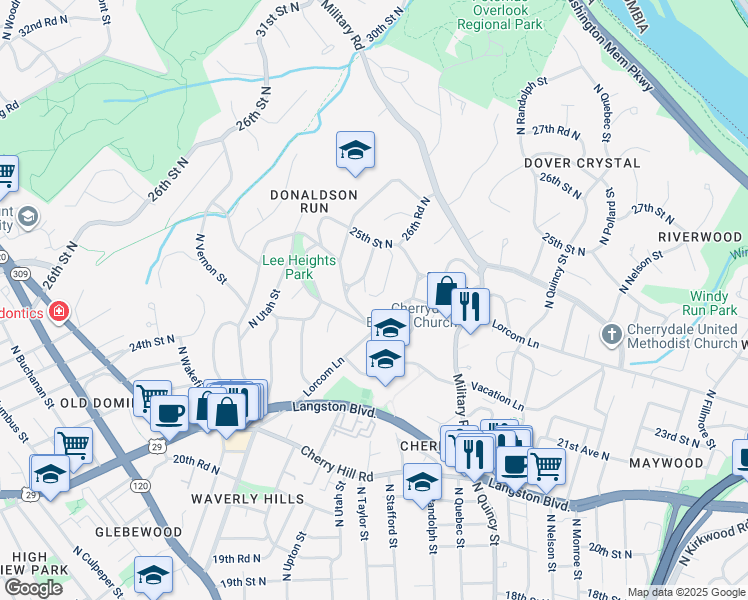 map of restaurants, bars, coffee shops, grocery stores, and more near 2301 N Richmond St in Arlington