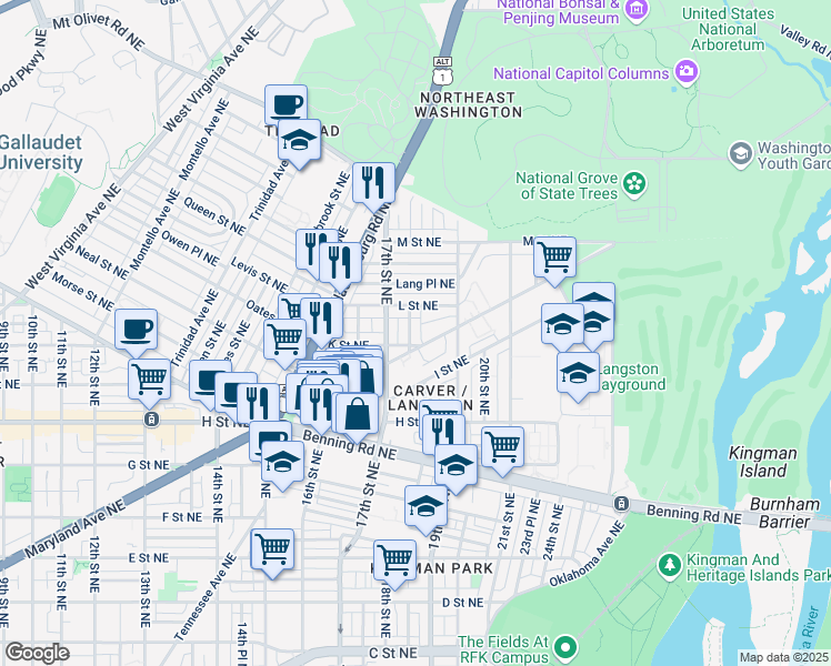 map of restaurants, bars, coffee shops, grocery stores, and more near 1011 18th Street Northeast in Washington
