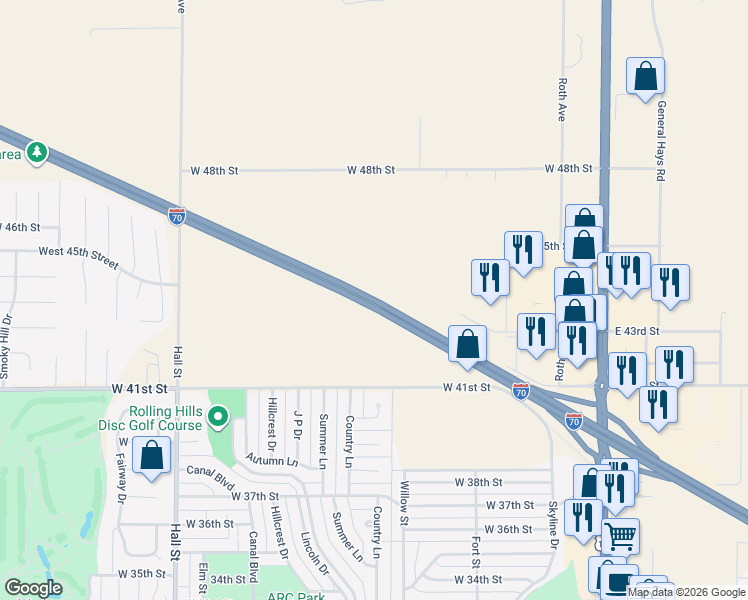 map of restaurants, bars, coffee shops, grocery stores, and more near Interstate 70 in Hays