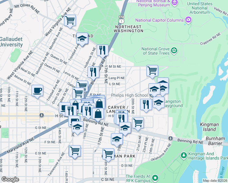map of restaurants, bars, coffee shops, grocery stores, and more near 101 Independence Avenue Southeast in Washington