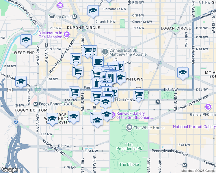 map of restaurants, bars, coffee shops, grocery stores, and more near 1000 Connecticut Avenue Northwest in Washington