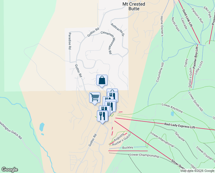map of restaurants, bars, coffee shops, grocery stores, and more near 39 Whetstone Road in Crested Butte