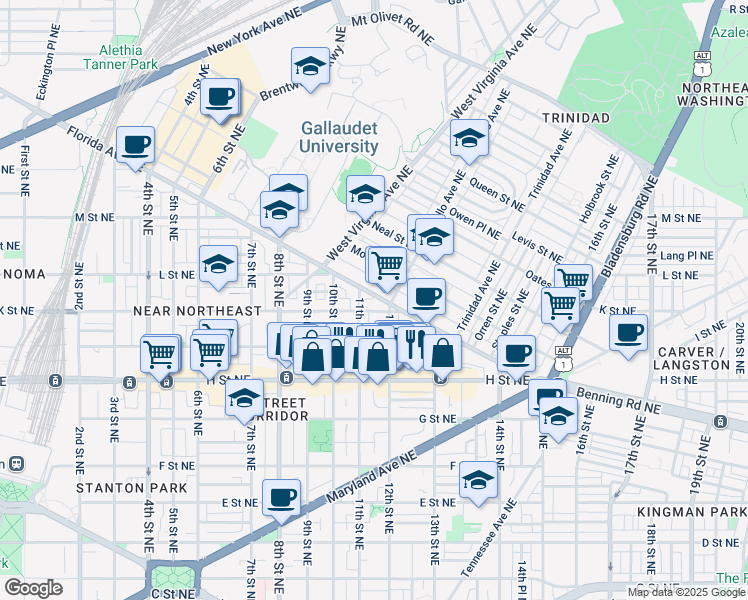 map of restaurants, bars, coffee shops, grocery stores, and more near 1109 Florida Avenue Northeast in Washington