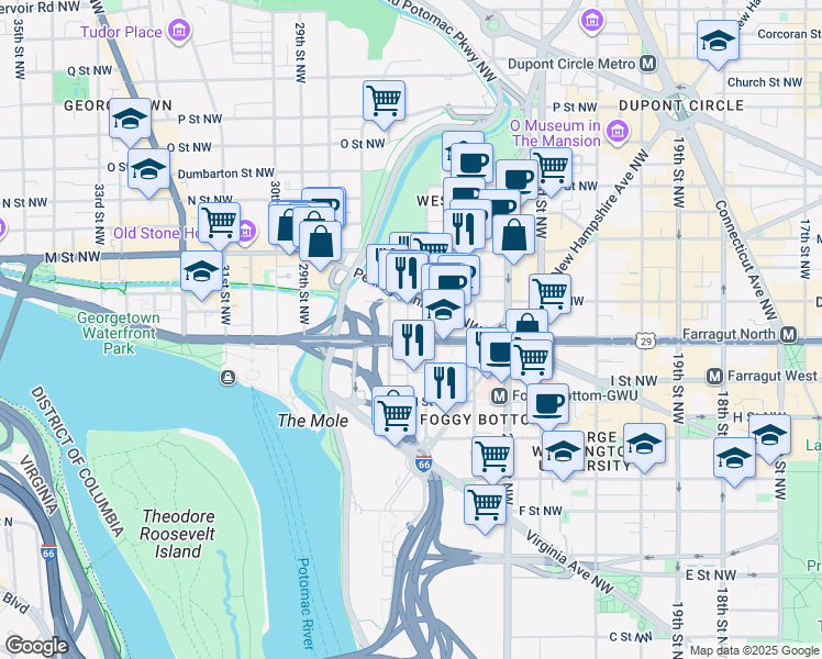 map of restaurants, bars, coffee shops, grocery stores, and more near 2515 K Street Northwest in Washington