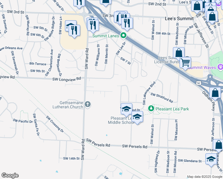 map of restaurants, bars, coffee shops, grocery stores, and more near 821 Southwest Daney Drive in Lee's Summit
