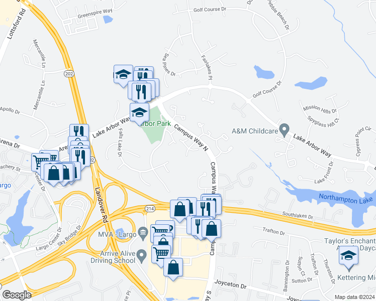 map of restaurants, bars, coffee shops, grocery stores, and more near Westhaven Drive in Bowie