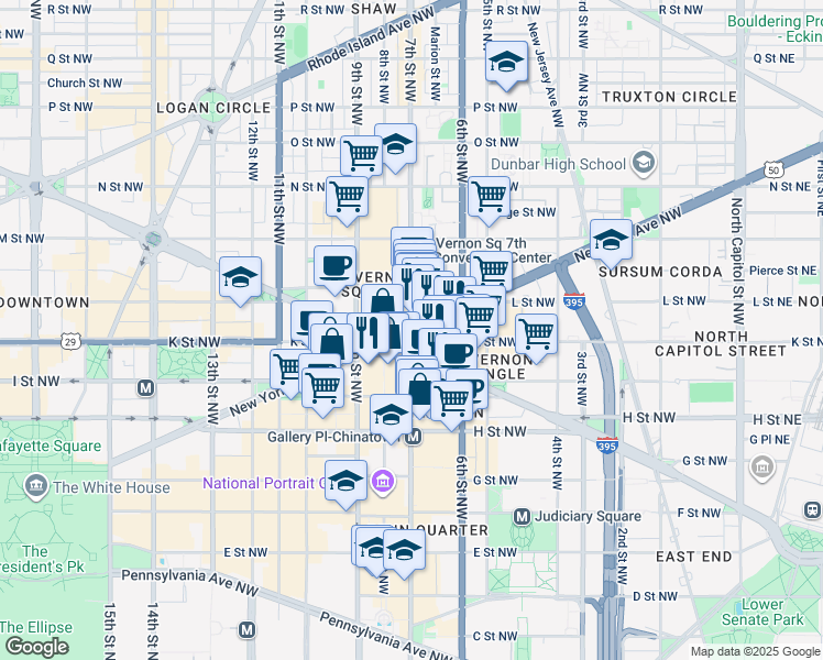 map of restaurants, bars, coffee shops, grocery stores, and more near New York Ave NW & 7th St NW in Washington