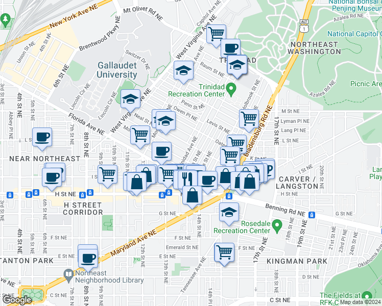 map of restaurants, bars, coffee shops, grocery stores, and more near 1221 Trinidad Avenue Northeast in Washington