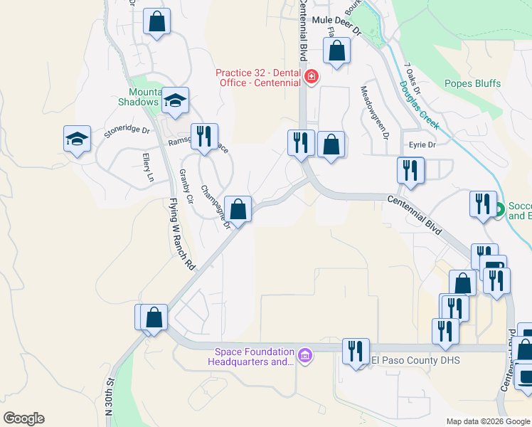 map of restaurants, bars, coffee shops, grocery stores, and more near 4985 North 30th Street in Colorado Springs