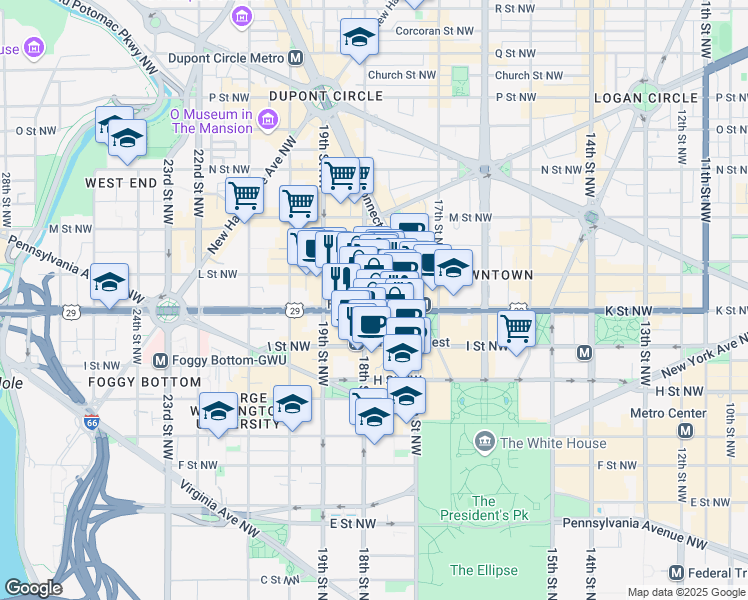 map of restaurants, bars, coffee shops, grocery stores, and more near 1775 K Street Northwest in Washington
