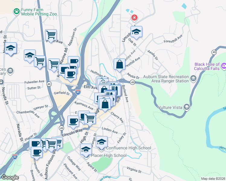 map of restaurants, bars, coffee shops, grocery stores, and more near in Auburn