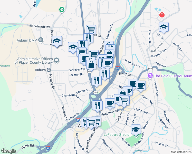 map of restaurants, bars, coffee shops, grocery stores, and more near 320 Grass Valley Highway in Auburn