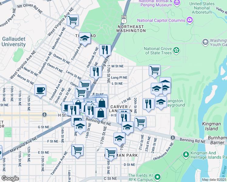 map of restaurants, bars, coffee shops, grocery stores, and more near 101 Independence Avenue Southeast in Washington