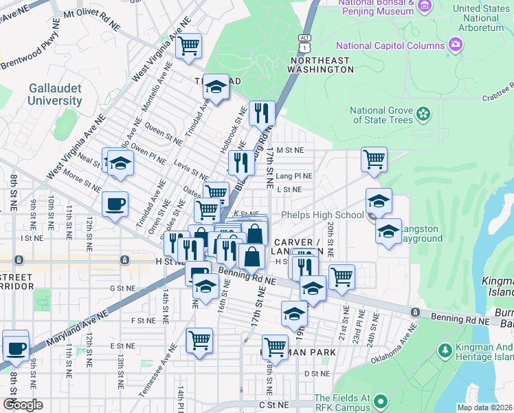 map of restaurants, bars, coffee shops, grocery stores, and more near 101 Independence Avenue Southeast in Washington