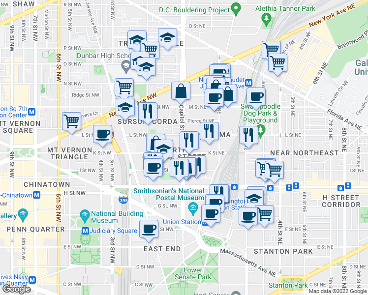 map of restaurants, bars, coffee shops, grocery stores, and more near 101 Independence Avenue Southeast in Washington