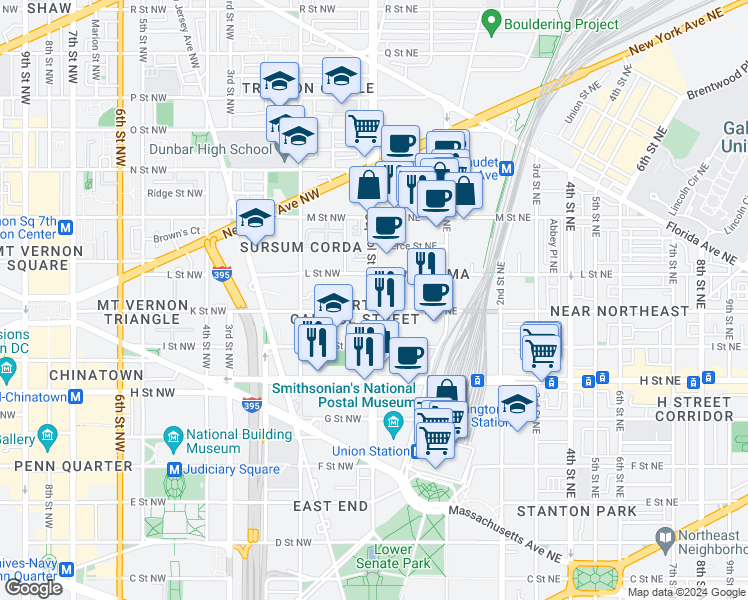map of restaurants, bars, coffee shops, grocery stores, and more near 101 Independence Avenue Southeast in Washington