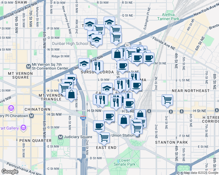 map of restaurants, bars, coffee shops, grocery stores, and more near 101 Independence Avenue Southeast in Washington