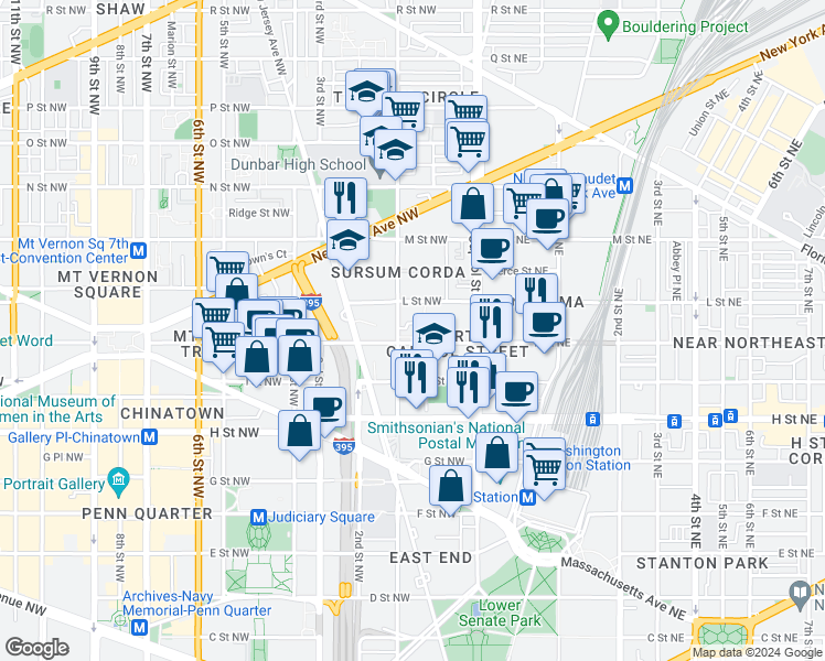 map of restaurants, bars, coffee shops, grocery stores, and more near 101 Independence Avenue Southeast in Washington