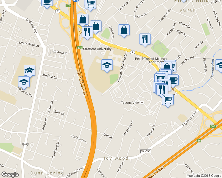 map of restaurants, bars, coffee shops, grocery stores, and more near Highway 7 in Falls Church