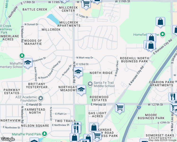 map of restaurants, bars, coffee shops, grocery stores, and more near 1402 East 124th Street in Olathe