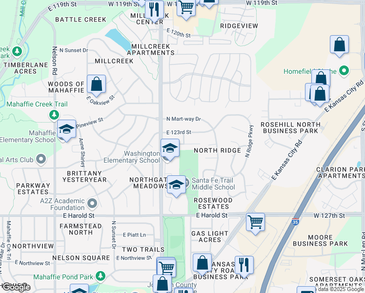 map of restaurants, bars, coffee shops, grocery stores, and more near 1307 East 123rd Terrace in Olathe